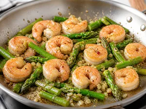 Crevettes Acidulées à l'Ail, Citron, Asperges et Riz de Chou-fleur