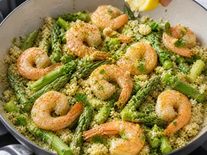 Crevettes Acidulées à l'Ail, Citron, Asperges et Riz de Chou-fleur