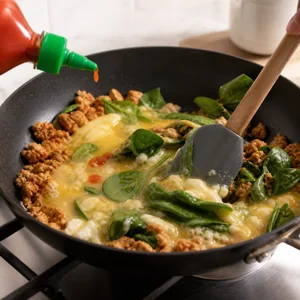 Revuelto Picante de Pavo y Claras con Sriracha y Espinacas