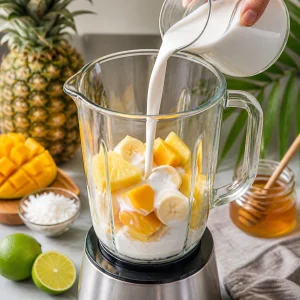 Coconut milk poured into the blender with fruit lime and honey nearby