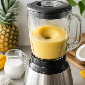 Golden pineapple mango smoothie blending until smooth and creamy