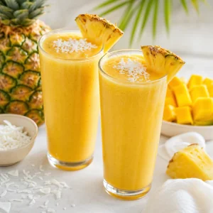 Pineapple mango coconut smoothie served in tall glasses with pineapple garnish and shredded coconut