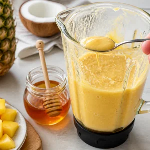 Spoonful of blended smoothie checked for sweetness with honey nearby