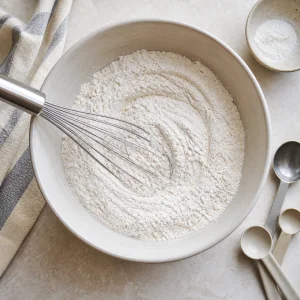 Dry cupcake ingredients whisked together in a bowl.