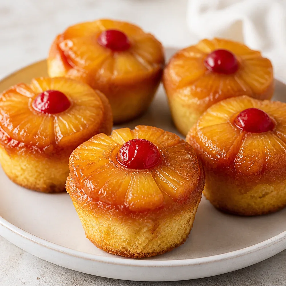 Finished pineapple upside-down cupcakes with caramelized pineapple and cherries on top.