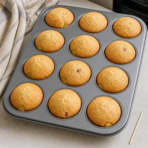 Golden baked cupcakes cooling in the muffin pan.