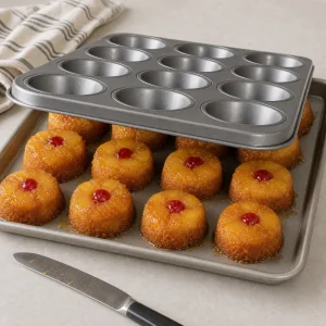 The muffin pan inverted over a tray to release the cupcakes.