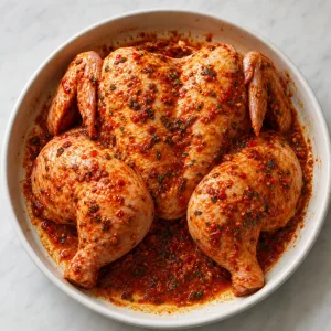 Raw spatchcocked chicken coated with piri piri marinade