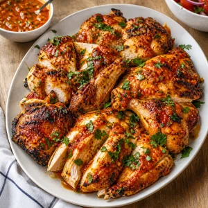 Carved piri piri chicken with sauce and fresh herbs on a platter