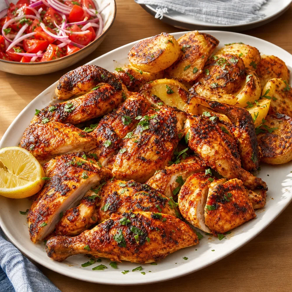 Pollo piri piri terminado con patatas asadas y ensalada de tomate y cebolla