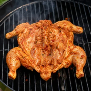 Piri piri chicken grilling skin side down with cavity side facing up