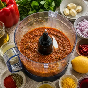 Red piri piri marinade in a food processor with fresh ingredients