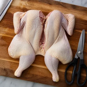 Spatchcocked raw chicken on a cutting board with kitchen shears
