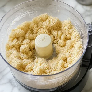 Almond shortbread crust mixture in a food processor