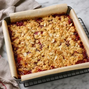 Baked plum crumble slab in the pan