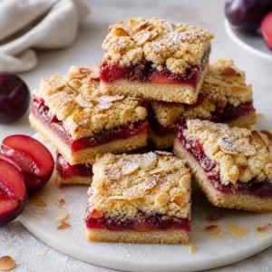 Finished plum squares with marzipan crumble on a plate