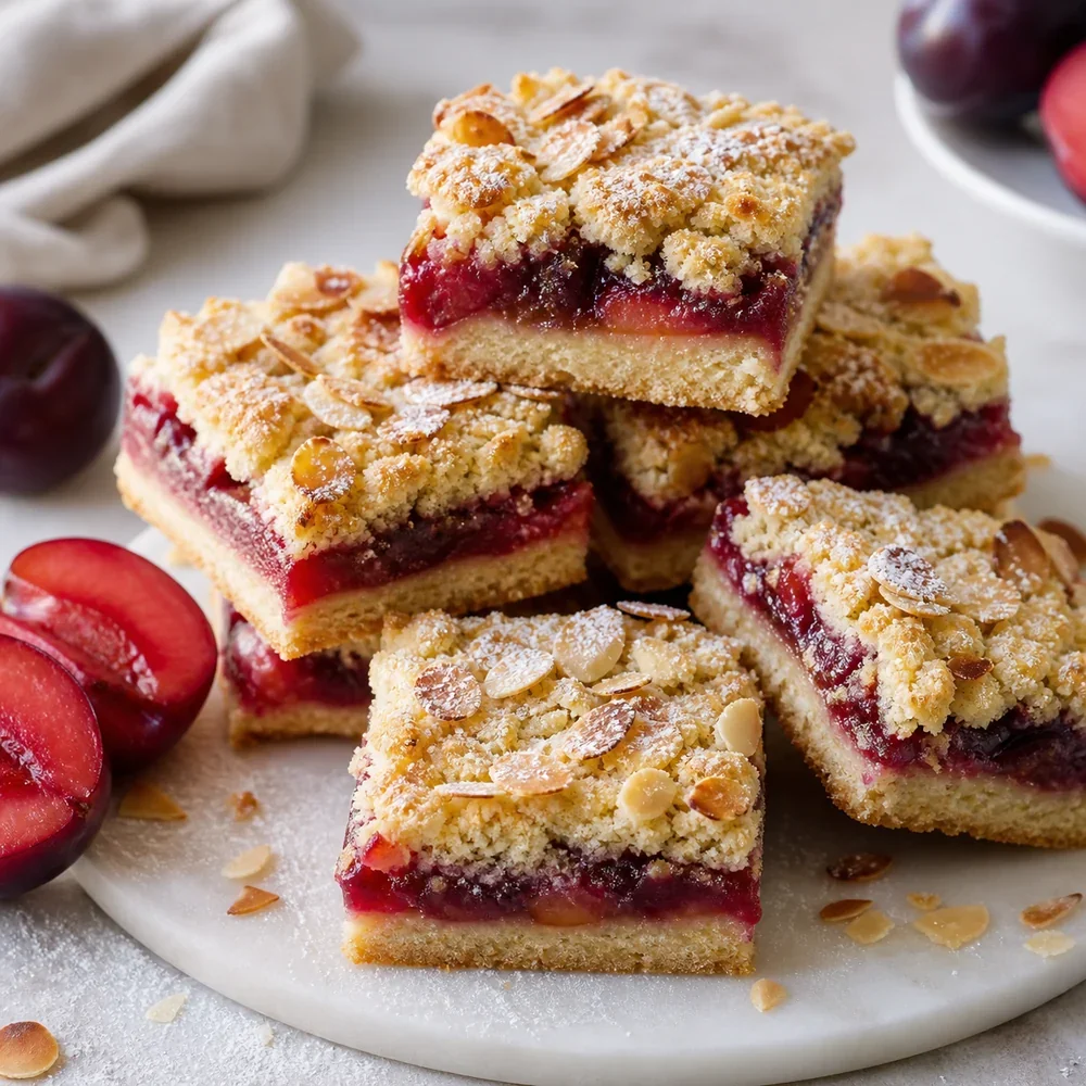 Finished plum squares with marzipan crumble on a plate