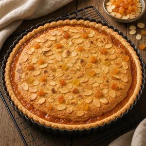 Tarte assada de damasco e amendoa esfriando