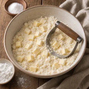 Cubos de manteiga misturados na farinha para a massa