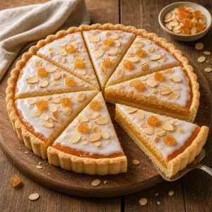Tarte de damasco e amendoa fatiada com uma fatia separada
