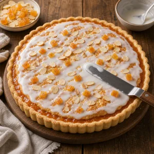 Glace branco de limao espalhado sobre a tarte fria