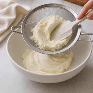 Frischkäse wird durch ein feines Sieb gestrichen