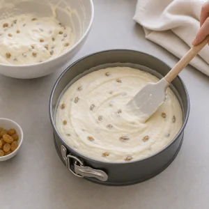 Käsekuchenmasse mit Rosinen in der Springform glatt gestrichen
