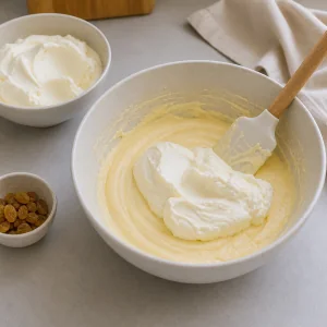 Glatter Frischkäse wird zur Käsekuchenmasse gegeben