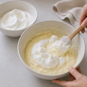Weich geschlagener Eischnee wird unter die Käsemasse gehoben