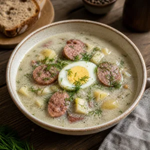 Тарелка польского журека с кельбасой, картофелем, вареным яйцом и укропом