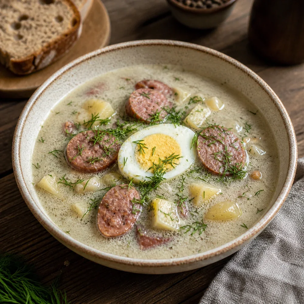 Тарелка польского журека с кельбасой, картофелем, вареным яйцом и укропом