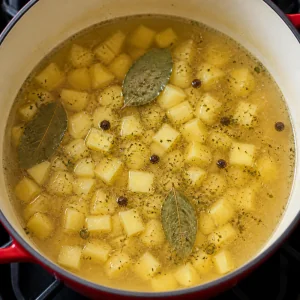 Кубики картофеля, лавровый лист, душистый перец и травы в бульоне