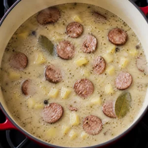 Кельбаса и картофель томятся в кремовом супе на ржаной закваске