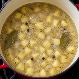 Картофельный суп тихо кипит, кусочки картофеля остаются целыми