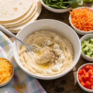 Hummus and cream cheese mixture stirred in a bowl