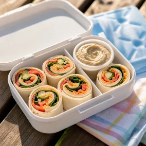 Sliced veggie cheese pinwheels packed with hummus dip