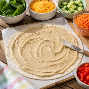 Tortilla spread evenly with creamy hummus mixture