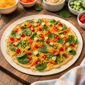 Tortilla topped with cheddar, spinach, cucumber, carrot, and red pepper