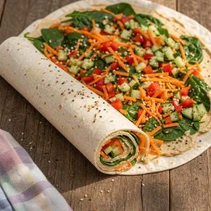 Vegetable tortilla rolled into a tight log with visible layers