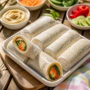 Wrapped tortilla rolls resting on a tray before slicing