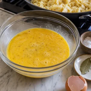 Bowl of beaten eggs with milk and pepper beside the skillet