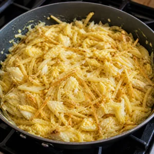 Cod, onions, potatoes, and eggs forming soft curds in the skillet