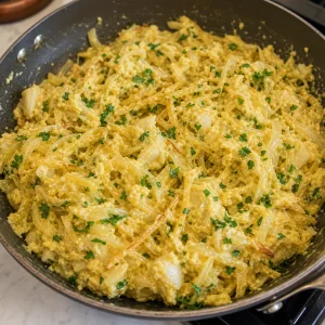 Creamy Bacalhau à Brás mixture with chopped parsley folded in