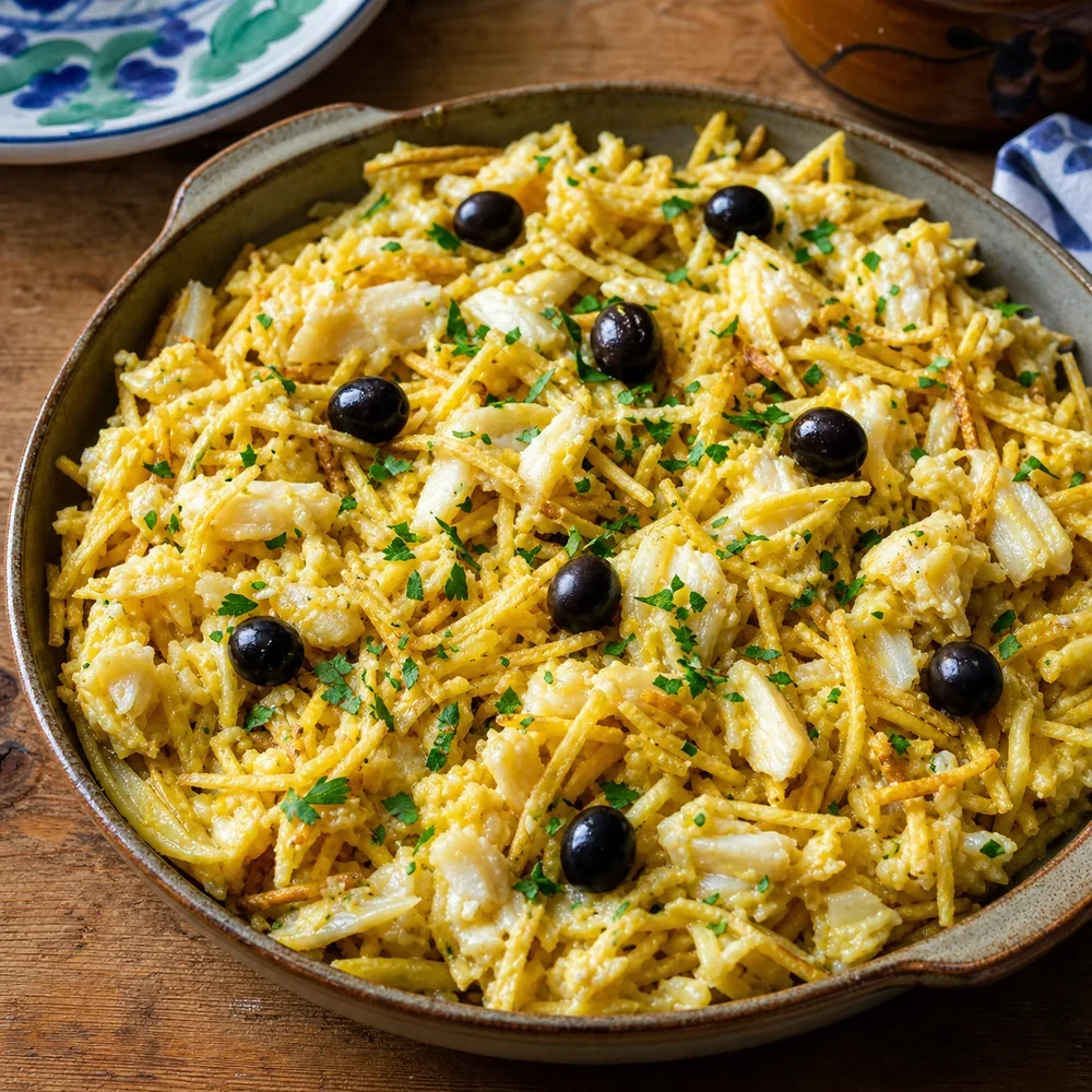 Finished Bacalhau à Brás with crispy potatoes, parsley, and black olives