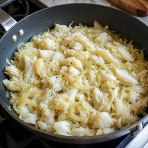 Flaked salt cod folded into soft onions and minced garlic