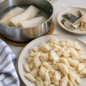 Simmered salt cod flaked on a plate beside a saucepan