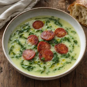 Bowl of caldo verde with kale and chorizo