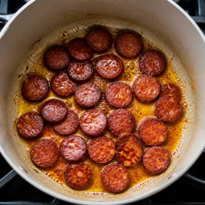 Chorizo-Scheiben bräunen in einem Suppentopf