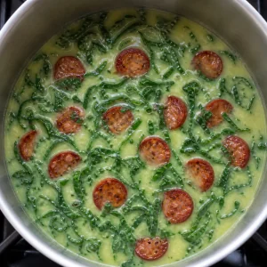 Chorizo-Scheiben wärmen in Kartoffelsuppe mit Grünkohl