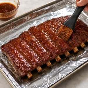 Cooked ribs brushed with hot honey glaze on a foil-lined sheet